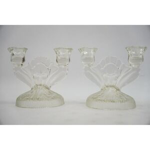 Vintage Iris Glass Double Candle Holders Pair Clear Floral 5.25" Tall